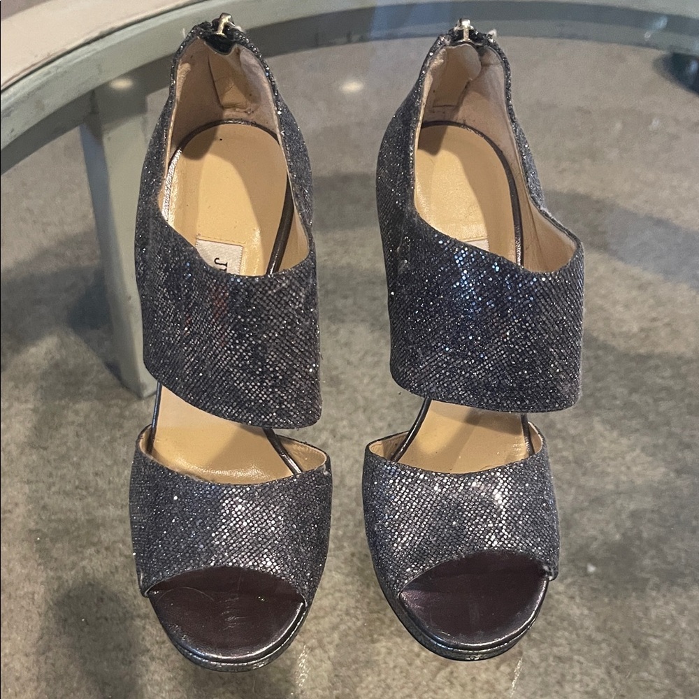 Jimmy Choo Black Glitter Peep-Toe Heels size 7. Never worn.  5” heel